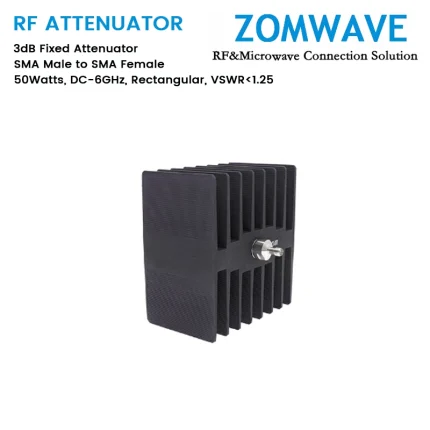 3dB Fixed Attenuator, SMA Male to SMA Female, 50Watts, DC-6GHz, Rectangular, VSWR1.25