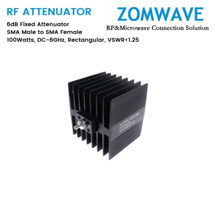 6dB Fixed Attenuator, SMA Male to SMA Female, 100Watts, DC-6GHz, Rectangular, VSWR1.25