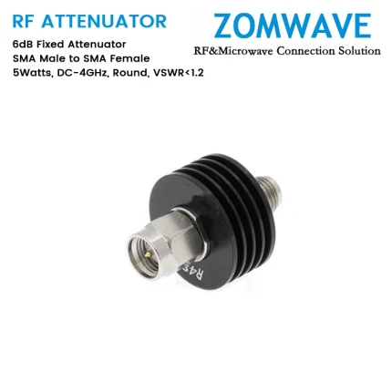 6dB Fixed Attenuator, SMA Male to SMA Female, 5Watts, DC-4GHz, Round, VSWR1.2