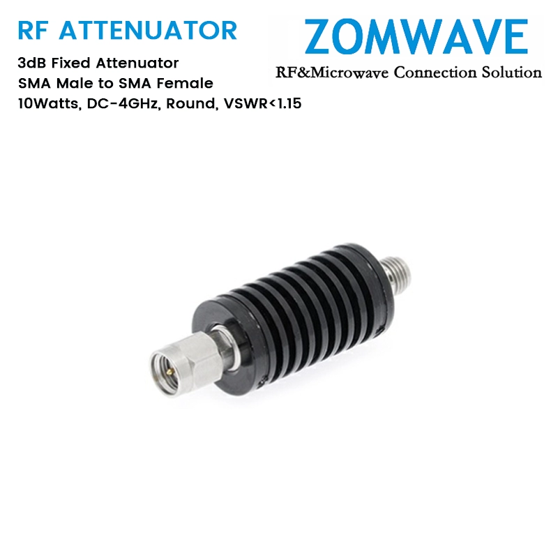 3dB Fixed Attenuator, SMA Male to SMA Female, 10Watts, DC-4GHz, Round, VSWR1.15 3dB Fixed Attenuator, SMA Male to SMA Female, 10Watts, DC-4GHz, Round, VSWR1.15