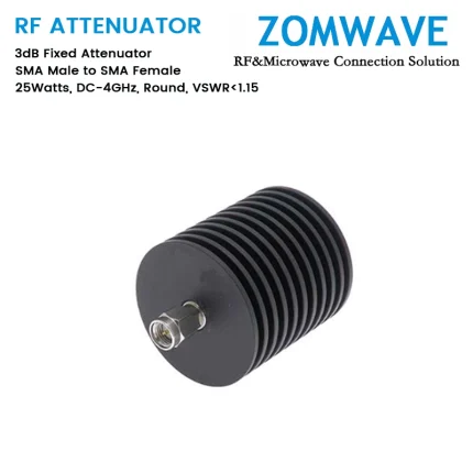 3dB Fixed Attenuator, SMA Male to SMA Female, 25Watts, DC-4GHz, Round, VSWR1.15