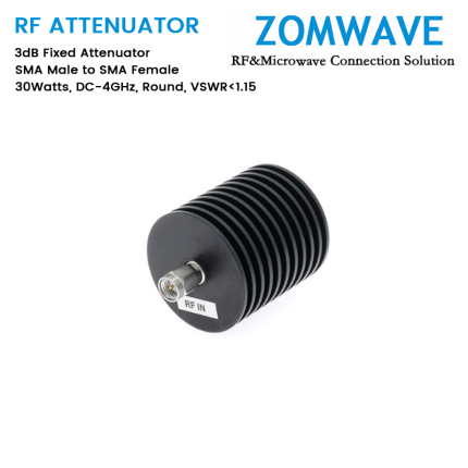 3dB Fixed Attenuator, SMA Male to SMA Female, 30Watts, DC-4GHz, Round, VSWR1.15