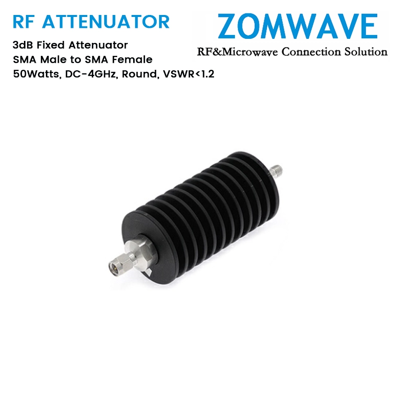 3dB Fixed Attenuator, SMA Male to SMA Female, 50Watts, DC-4GHz, Round, VSWR1.2 3dB Fixed Attenuator, SMA Male to SMA Female, 50Watts, DC-4GHz, Round, VSWR1.2