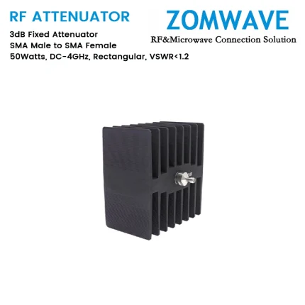 3dB Fixed Attenuator, SMA Male to SMA Female, 50Watts, DC-4GHz, Rectangular, VSWR1.2