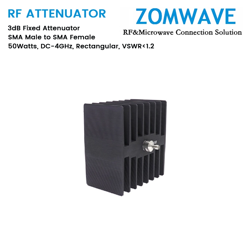 Attenuator 主图1205 3dB Fixed Attenuator, SMA Male to SMA Female, 50Watts, DC-4GHz, Rectangular, VSWR1.2