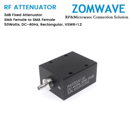 3dB Fixed Attenuator, SMA Female to SMA Female, 50Watts, DC-4GHz, Rectangular, VSWR1.2