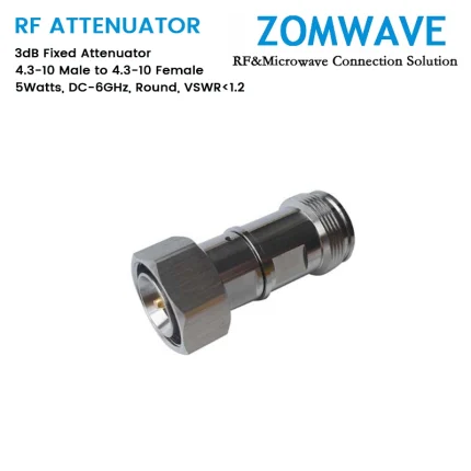 3dB Fixed Attenuator, 4.3-10 Male to 4.3-10 Female, 5Watts, DC-6GHz, Round, VSWR1.2