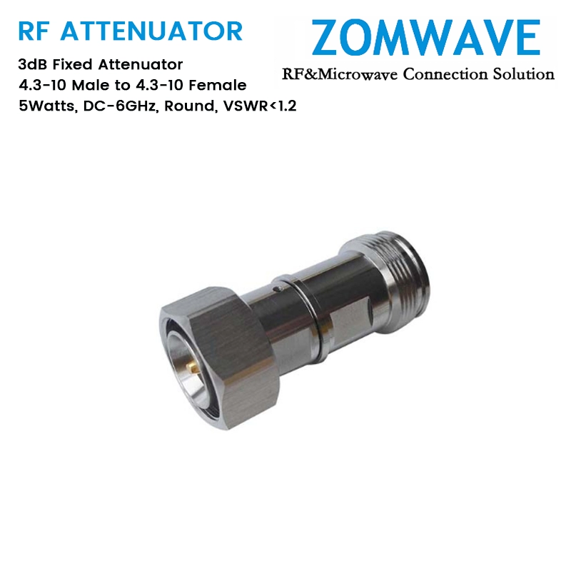 3dB Fixed Attenuator, 4.3-10 Male to 4.3-10 Female, 5Watts, DC-6GHz, Round, VSWR1.2 3dB Fixed Attenuator, 4.3-10 Male to 4.3-10 Female, 5Watts, DC-6GHz, Round, VSWR1.2