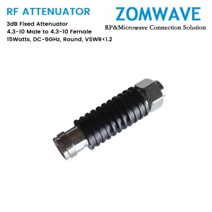 3dB Fixed Attenuator, 4.3-10 Male to 4.3-10 Female, 15Watts, DC-6GHz, Round, VSWR1.2
