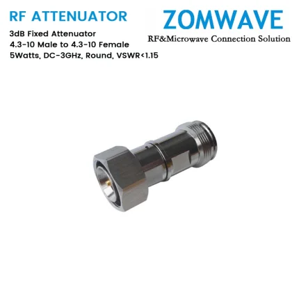 3dB Fixed Attenuator, 4.3-10 Male to 4.3-10 Female, 5Watts, DC-3GHz, Round, VSWR1.15