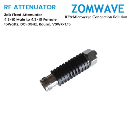3dB Fixed Attenuator, 4.3-10 Male to 4.3-10 Female, 15Watts, DC-3GHz, Round, VSWR1.15