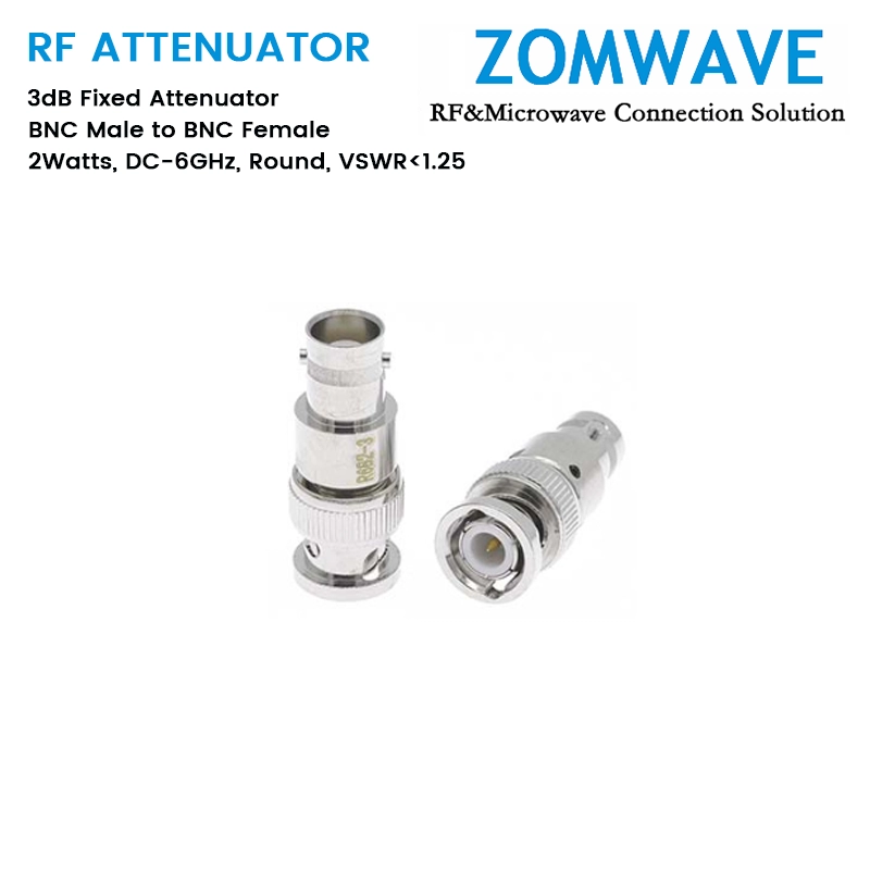 3dB Fixed Attenuator, BNC Male to BNC Female, 2Watts, DC-6GHz, Round, VSWR1.25 3dB Fixed Attenuator, BNC Male to BNC Female, 2Watts, DC-6GHz, Round, VSWR1.25