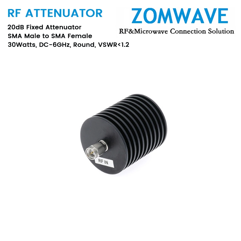 20dB Fixed Attenuator, SMA Male to SMA Female, 30Watts, DC-6GHz, Round, VSWR1.2