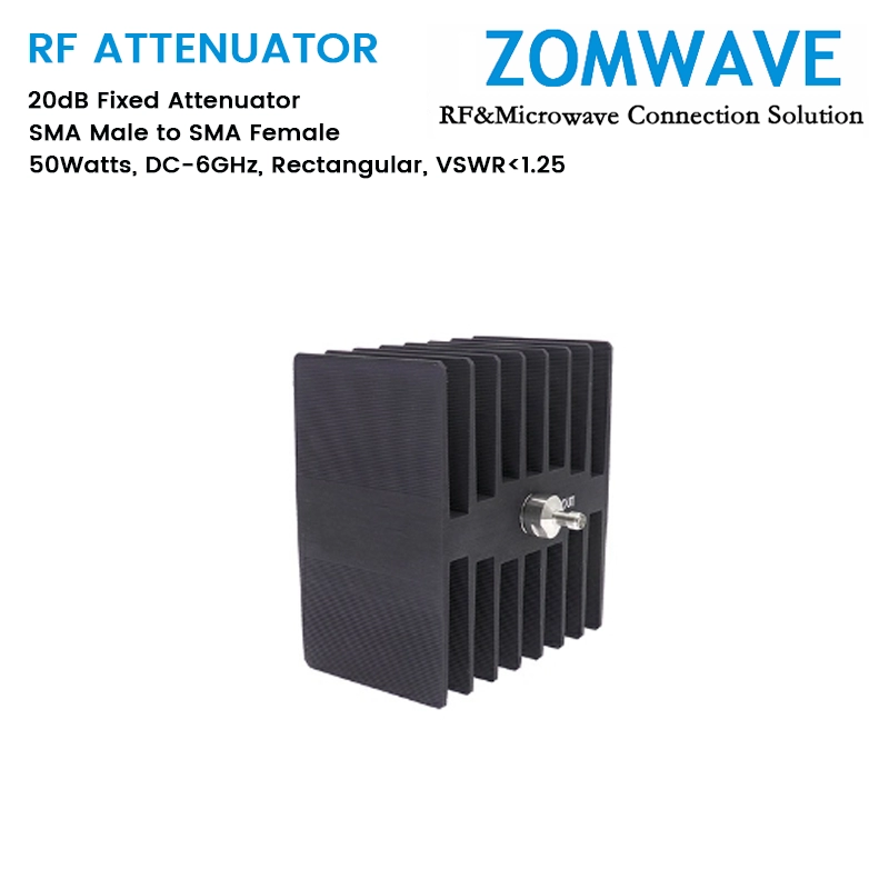 20dB Fixed Attenuator, SMA Male to SMA Female, 50Watts, DC-6GHz, Rectangular, VSWR1.25