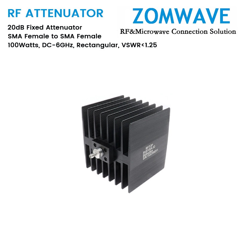 20dB Fixed Attenuator, SMA Female to SMA Female, 100Watts, DC-6GHz, Rectangular, VSWR1.25