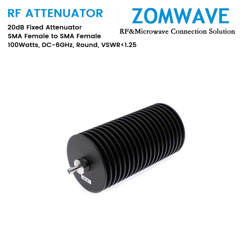 20dB Fixed Attenuator, SMA Female to SMA Female, 100Watts, DC-6GHz, Round, VSWR1.25