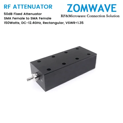 50dB Fixed Attenuator, SMA Female to SMA Female, 150Watts, DC-12.4GHz, Rectangular, VSWR1.35