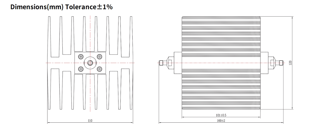 50dB Fixed Attenuator, SMA Female to SMA Female, 100Watts, DC-12.4GHz, Rectangular, VSWR1.35