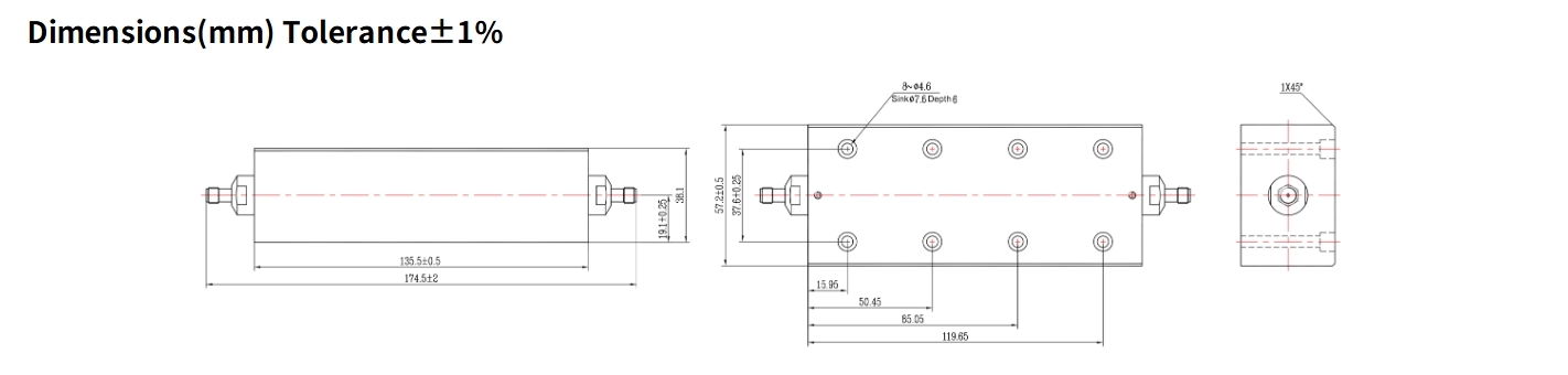 50dB Fixed Attenuator, SMA Female to SMA Female, 150Watts, DC-12.4GHz, Rectangular, VSWR1.35