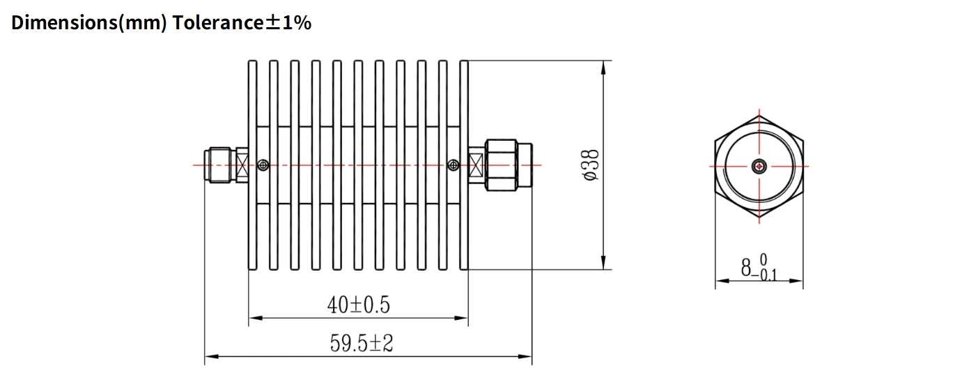 30dB Fixed Attenuator, SMA Male to SMA Female, 20Watts, DC-8.5GHz, Round, VSWR1.2