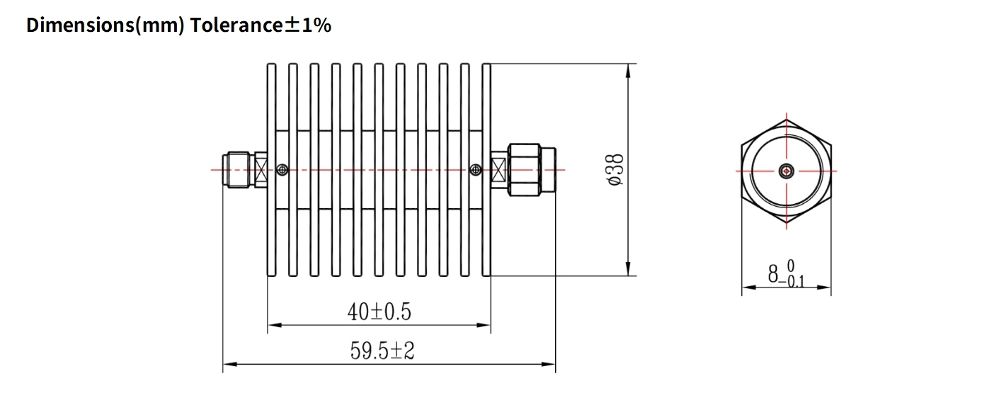 30dB Fixed Attenuator, SMA Male to SMA Female, 25Watts, DC-8.5GHz, Round, VSWR1.2