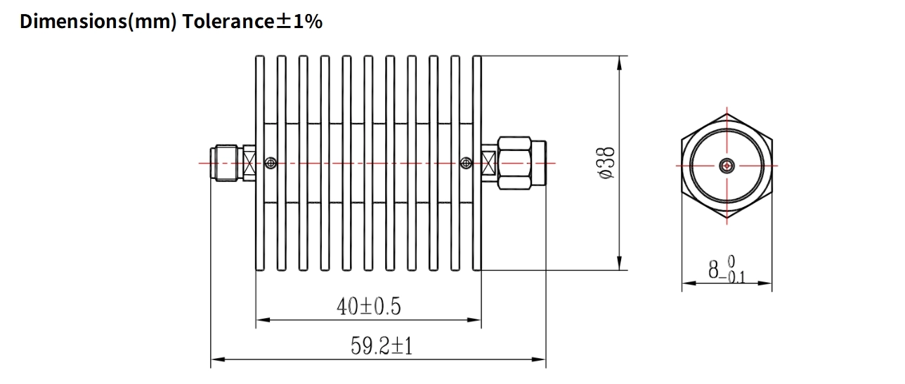 30dB Fixed Attenuator, SMA Male to SMA Female, 30Watts, DC-8.5GHz, Round, VSWR1.2