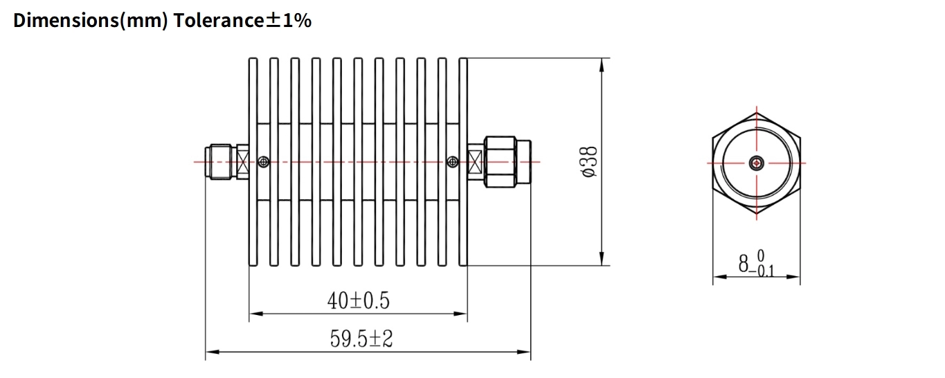 40dB Fixed Attenuator, SMA Male to SMA Female, 20Watts, DC-12.4GHz, Round, VSWR1.25