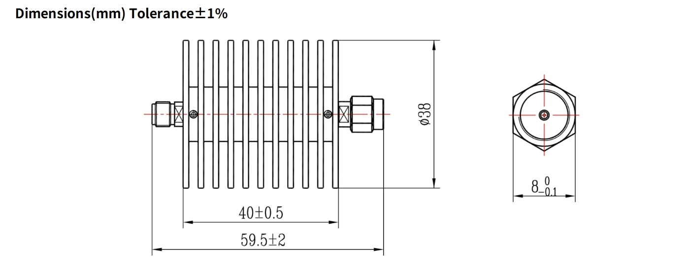 40dB Fixed Attenuator, SMA Male to SMA Female, 25Watts, DC-12.4GHz, Round, VSWR1.25