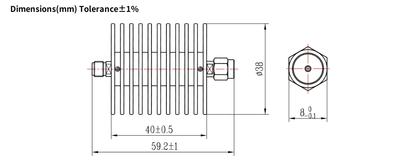 40dB Fixed Attenuator, SMA Male to SMA Female, 30Watts, DC-12.4GHz, Round, VSWR1.25