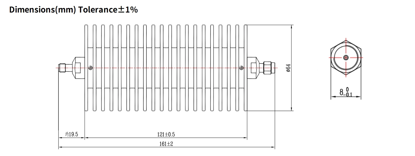 40dB Fixed Attenuator, SMA Male to SMA Female, 100Watts, DC-12.4GHz, Round, VSWR1.35