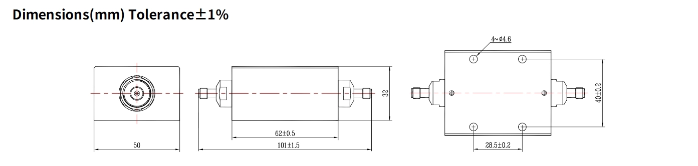 40dB Fixed Attenuator, SMA Female to SMA Female, 50Watts, DC-8.5GHz, Rectangular, VSWR1.25