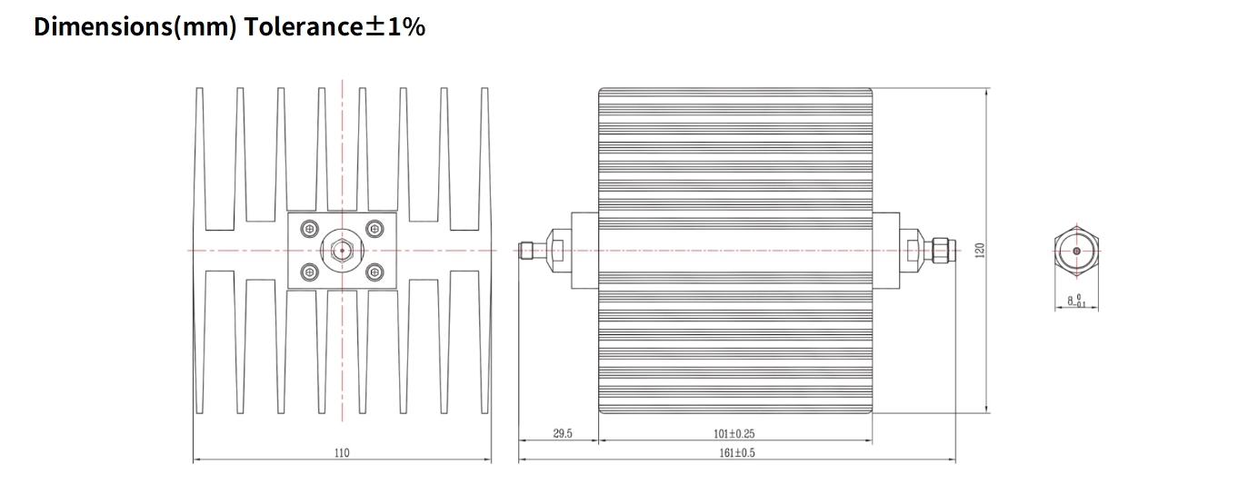 50dB Fixed Attenuator, SMA Male to SMA Female, 100Watts, DC-8.5GHz, Rectangular, VSWR1.25