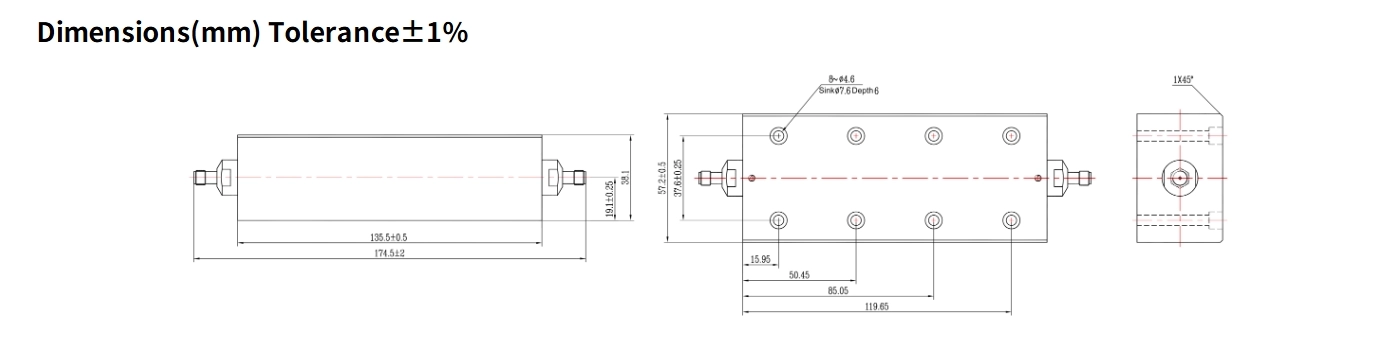 60dB Fixed Attenuator, SMA Female to SMA Female, 150Watts, DC-8.5GHz, Rectangular, VSWR1.25