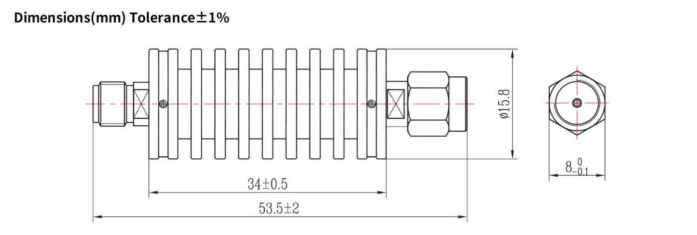 3dB Fixed Attenuator, SMA Male to SMA Female, 15Watts, DC-6GHz, Round, VSWR1.25