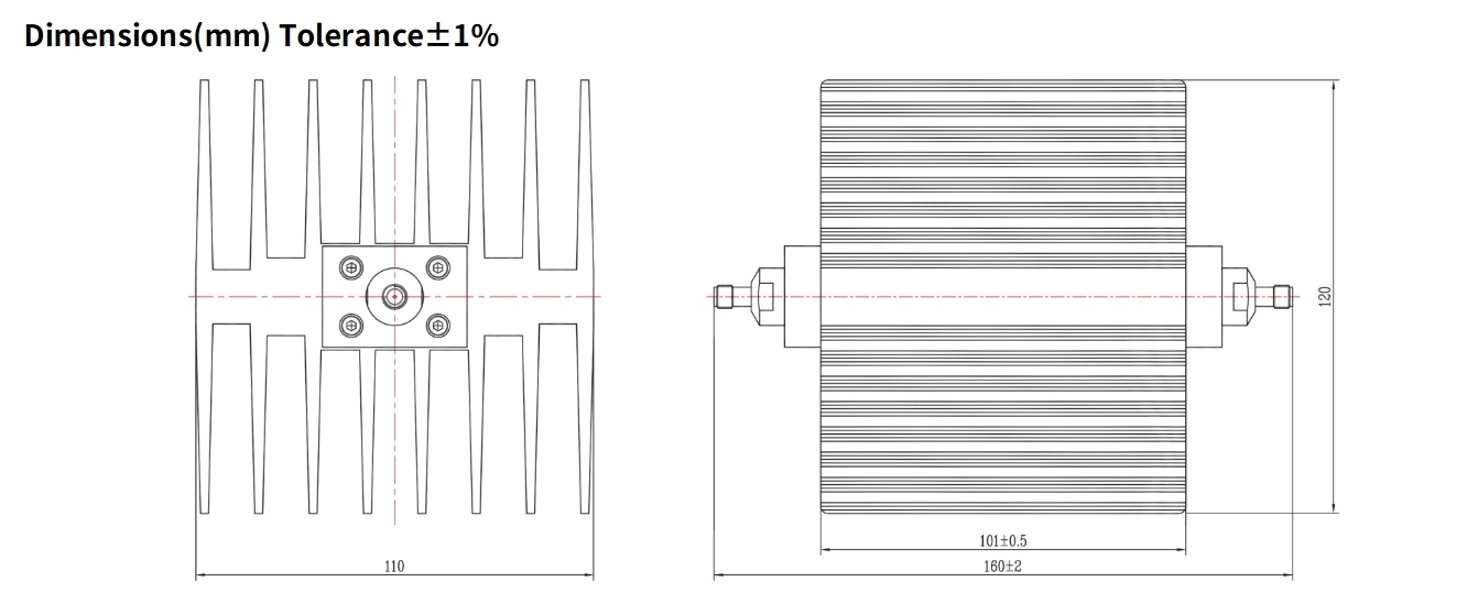 6dB Fixed Attenuator, SMA Female to SMA Female, 100Watts, DC-6GHz, Rectangular, VSWR1.25