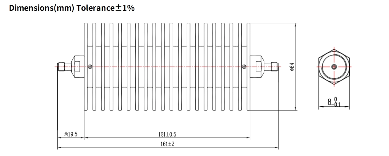 6dB Fixed Attenuator, SMA Female to SMA Female, 100Watts, DC-6GHz, Round, VSWR1.25