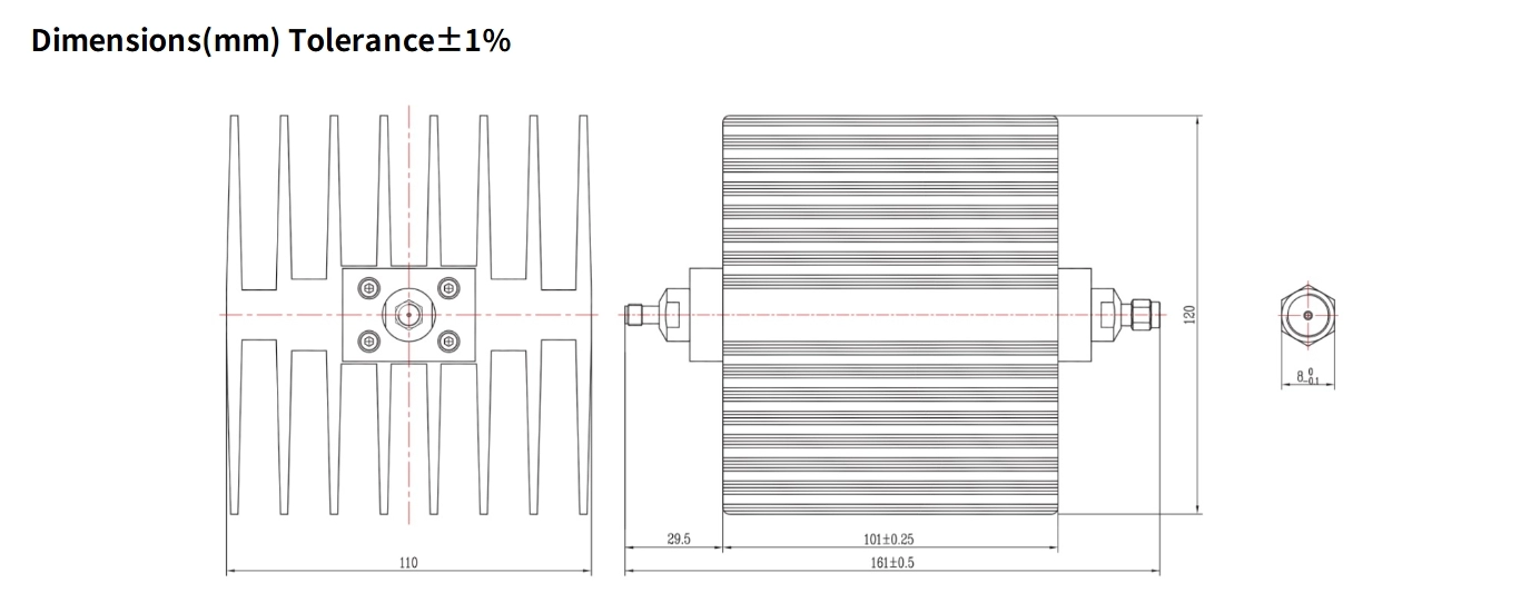 6dB Fixed Attenuator, SMA Male to SMA Female, 100Watts, DC-6GHz, Rectangular, VSWR1.25