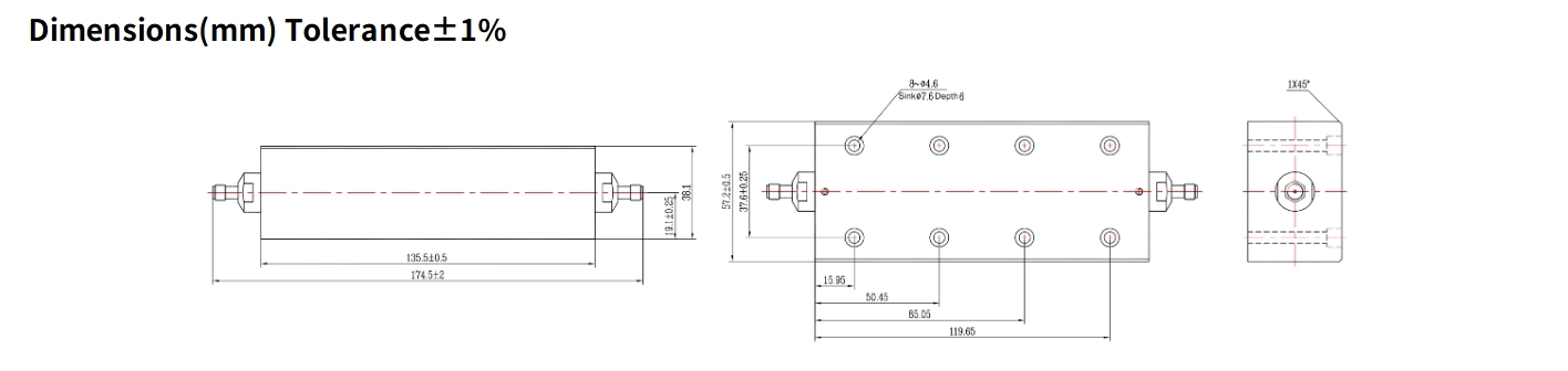6dB Fixed Attenuator, SMA Female to SMA Female, 150Watts, DC-6GHz, Rectangular, VSWR1.25