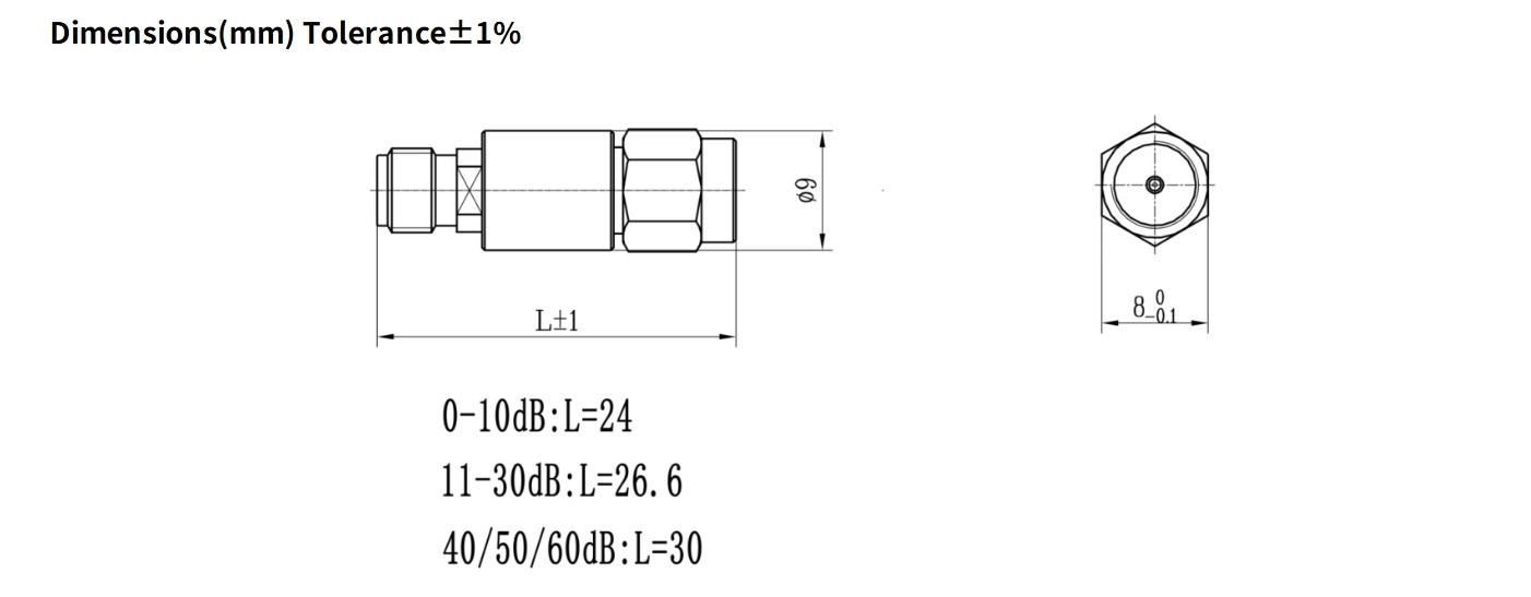 3dB Fixed Attenuator, SMA Male to SMA Female, 2Watts, DC-4GHz, Round, VSWR1.2