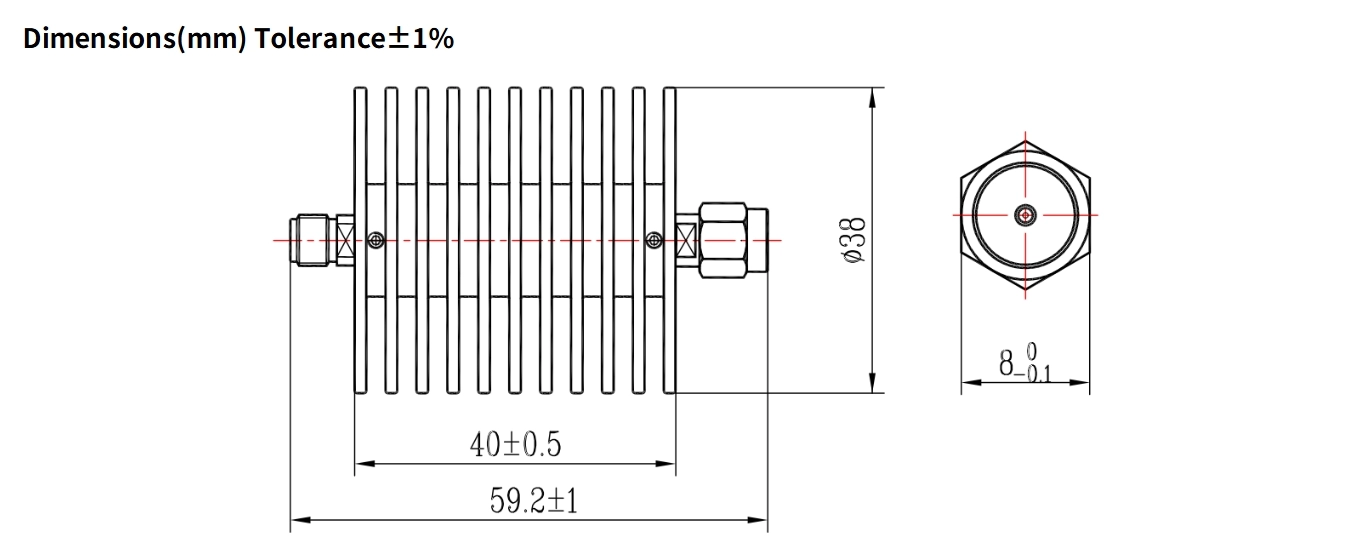 3dB Fixed Attenuator, SMA Male to SMA Female, 30Watts, DC-4GHz, Round, VSWR1.15