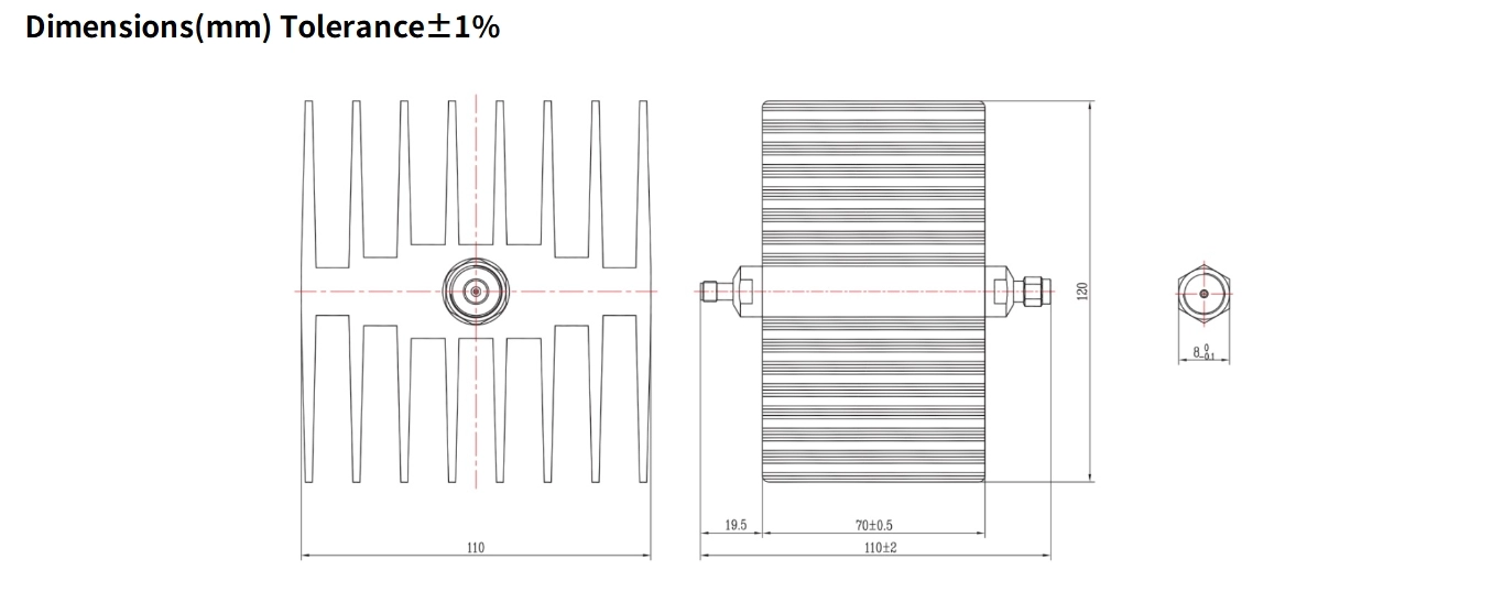 3dB Fixed Attenuator, SMA Male to SMA Female, 50Watts, DC-4GHz, Rectangular, VSWR1.2