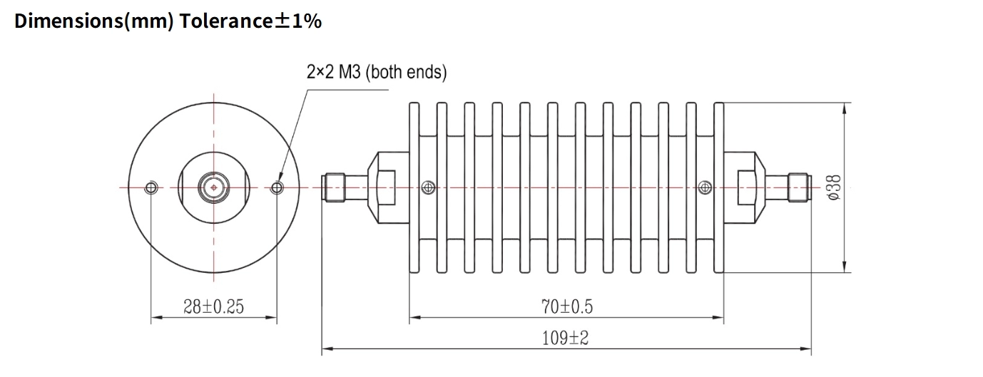 3dB Fixed Attenuator, SMA Female to SMA Female, 50Watts, DC-4GHz, Round, VSWR1.25