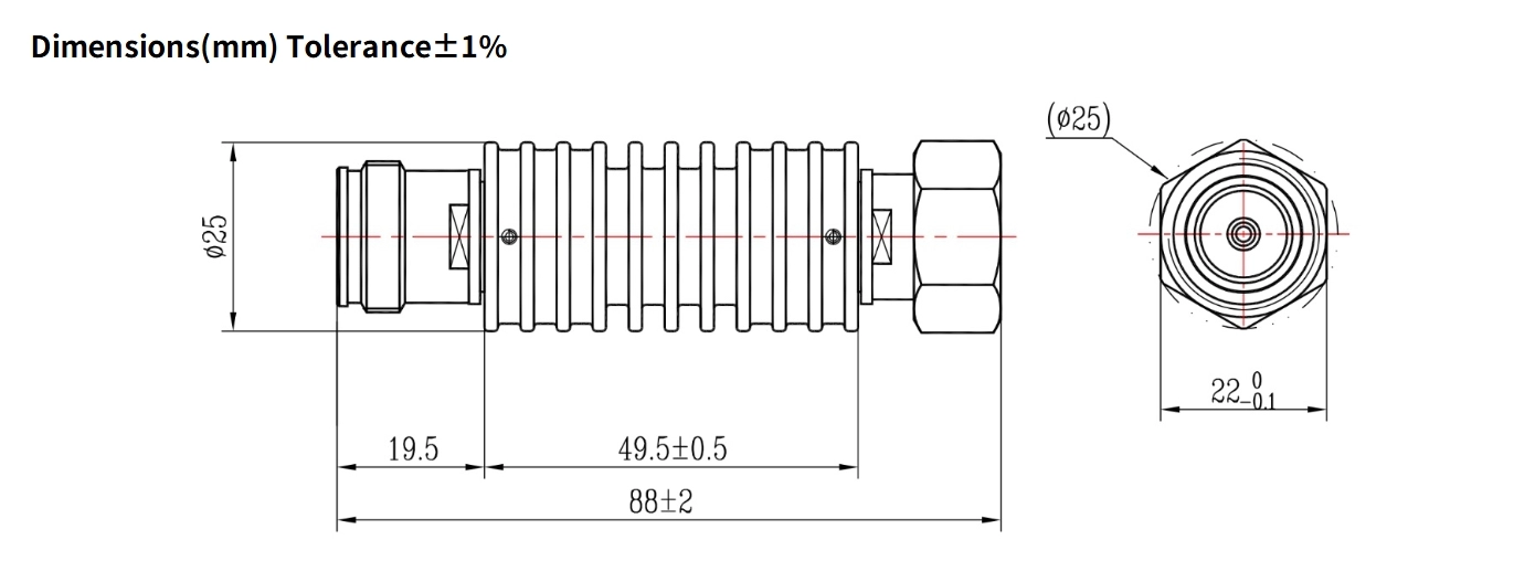 3dB Fixed Attenuator, 4.3-10 Male to 4.3-10 Female, 15Watts, DC-6GHz, Round, VSWR1.2