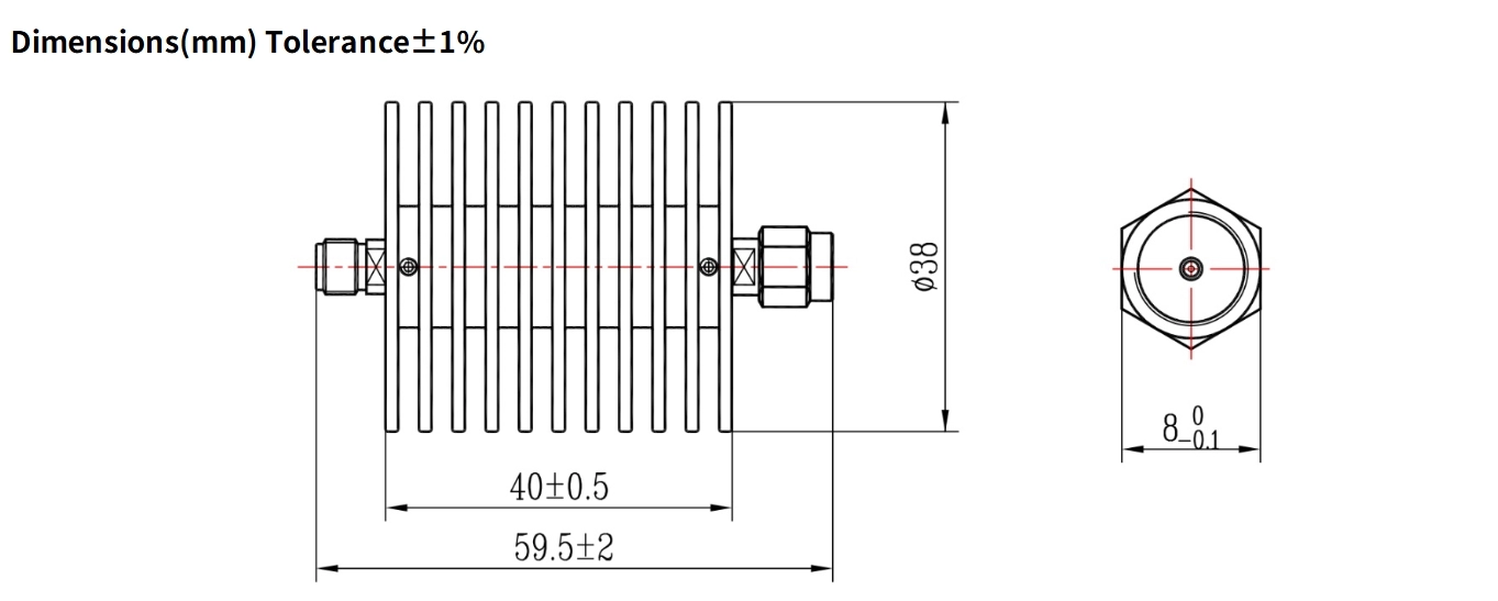 20dB Fixed Attenuator, SMA Male to SMA Female, 20Watts, DC-6GHz, Round, VSWR1.2