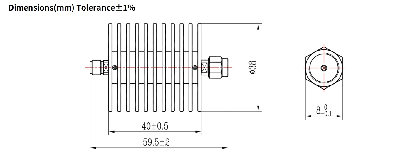 20dB Fixed Attenuator, SMA Male to SMA Female, 25Watts, DC-6GHz, Round, VSWR1.2