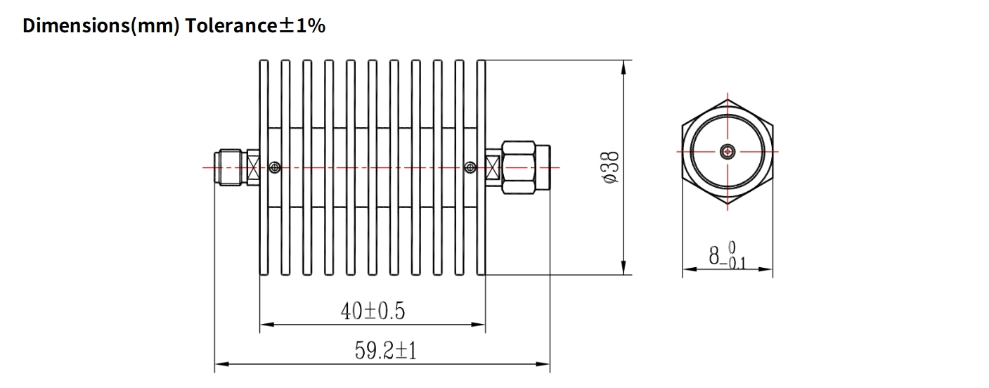 20dB Fixed Attenuator, SMA Male to SMA Female, 30Watts, DC-6GHz, Round, VSWR1.2