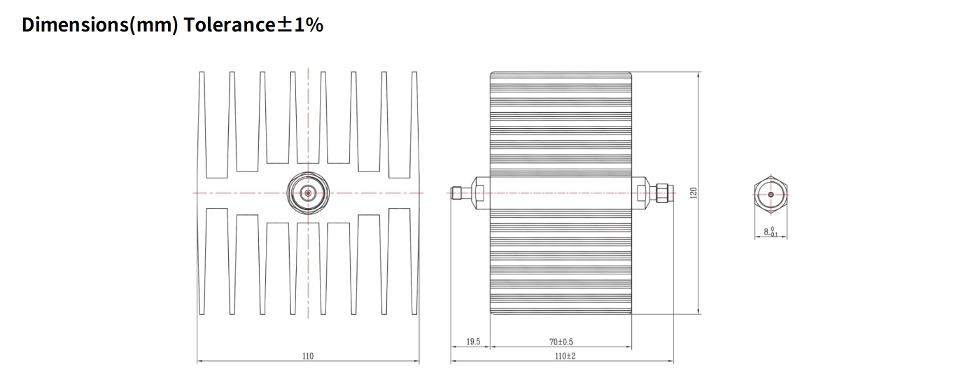 20dB Fixed Attenuator, SMA Male to SMA Female, 50Watts, DC-6GHz, Rectangular, VSWR1.25