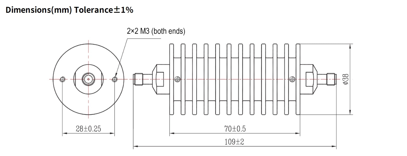 20dB Fixed Attenuator, SMA Female to SMA Female, 50Watts, DC-6GHz, Round, VSWR1.25