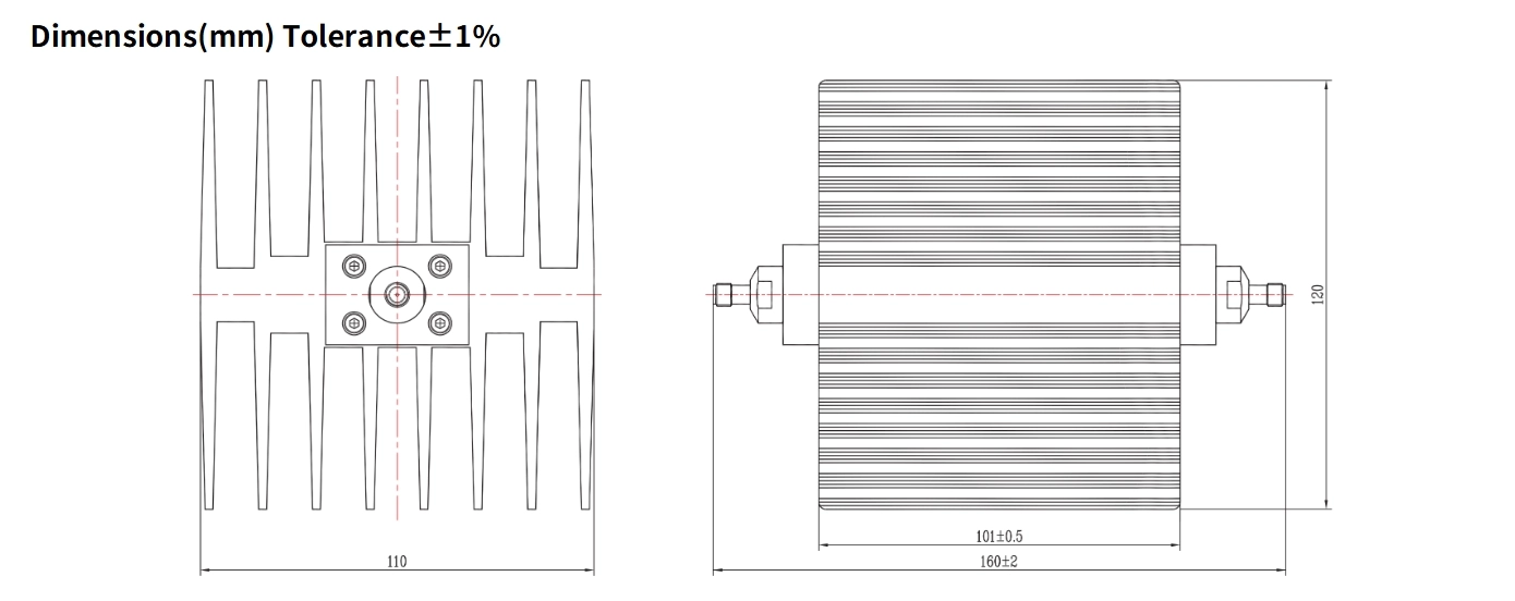20dB Fixed Attenuator, SMA Female to SMA Female, 100Watts, DC-6GHz, VSWR1.25