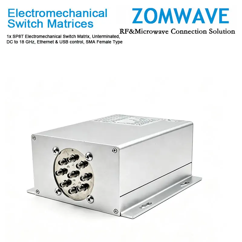 1x SP8T Electromechanical Switch Matrix, Unterminated,DC to 18 GHz, Ethernet & USB control, SMA Female Type
